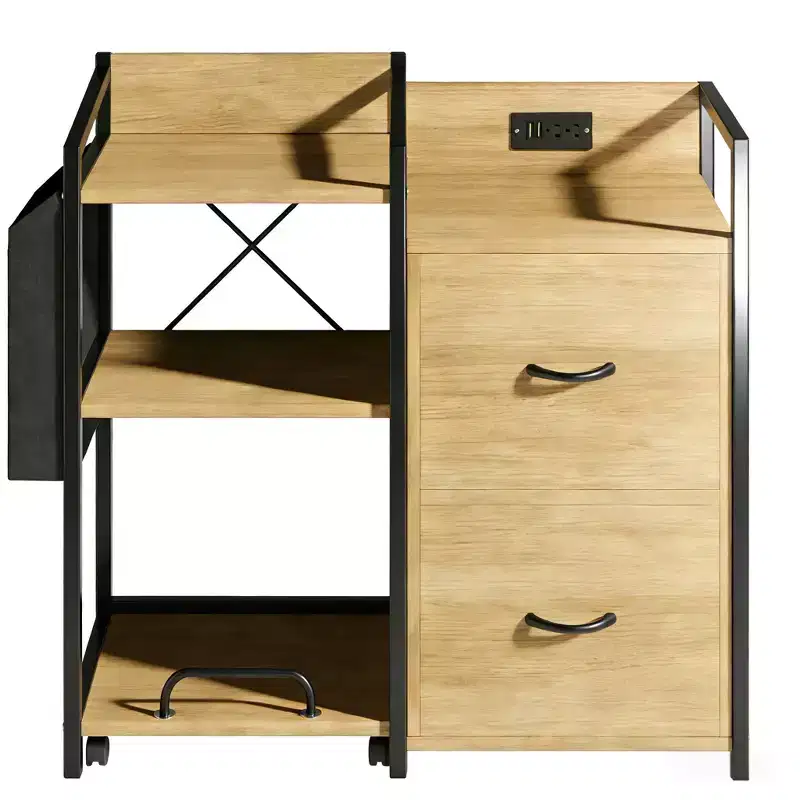 Acekool Black Rustic Wood Printer Stand with Iron Frame Storage Cabinet Featuring Drawers and Open Shelves for Home Office Organization