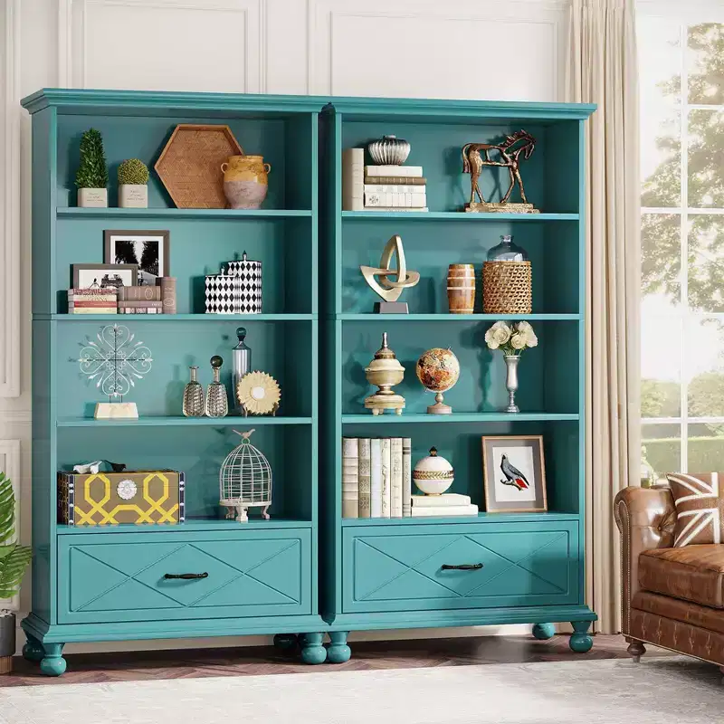 LITTLE TREE 70.87" 6 Shelf Bookcase with Drawer and Solid Wood Legs Ocean Blue