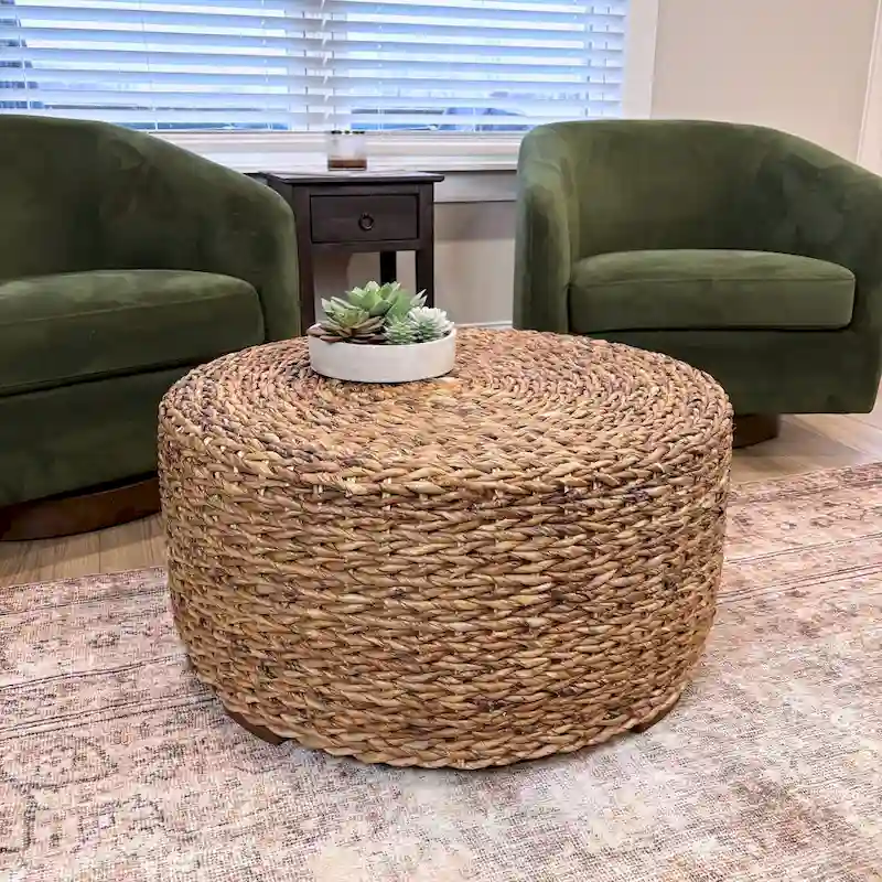 Hand-Woven Natural Abaca Wood Round Coffee Table Ottoman by