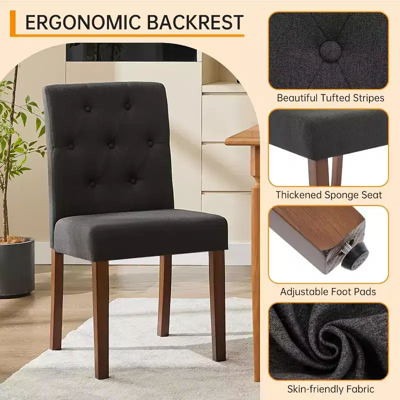 Button Tufted Parsons Dining Chairs Set of 2, Upholstered Fabric Kitchen Chairs with Padded Seats & Wood Legs, Living Room Kitchen Furniture