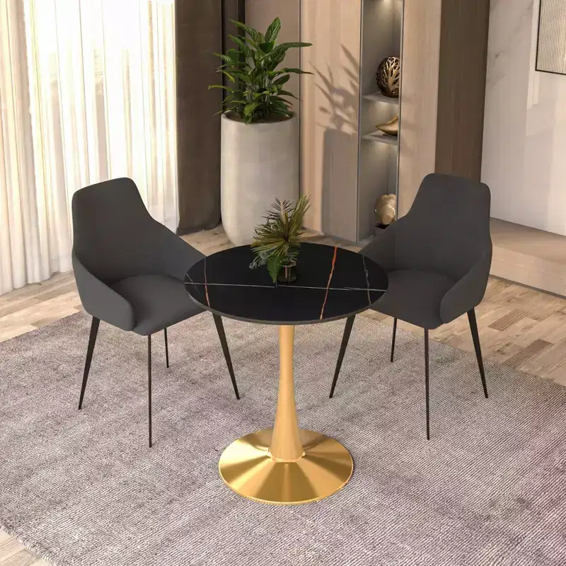 27 Inch Round Dining Table with Sintered Stone Top and Gold Steel Pedestal Base
