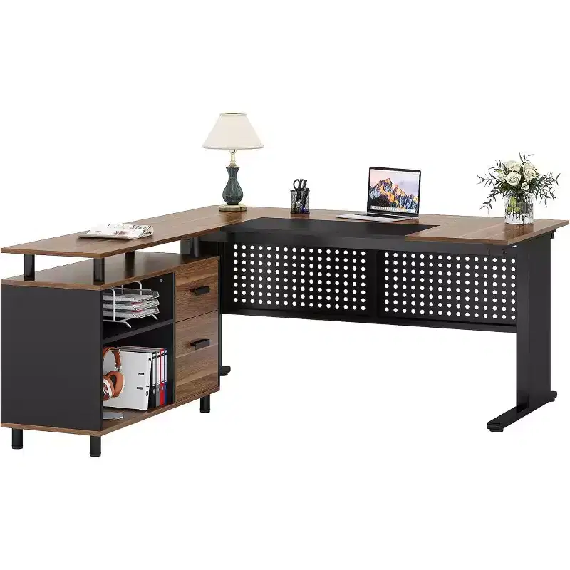 63 Inch L-Shaped Executive Desk with File Cabinet and Drawers for Home Office, Brown and Black