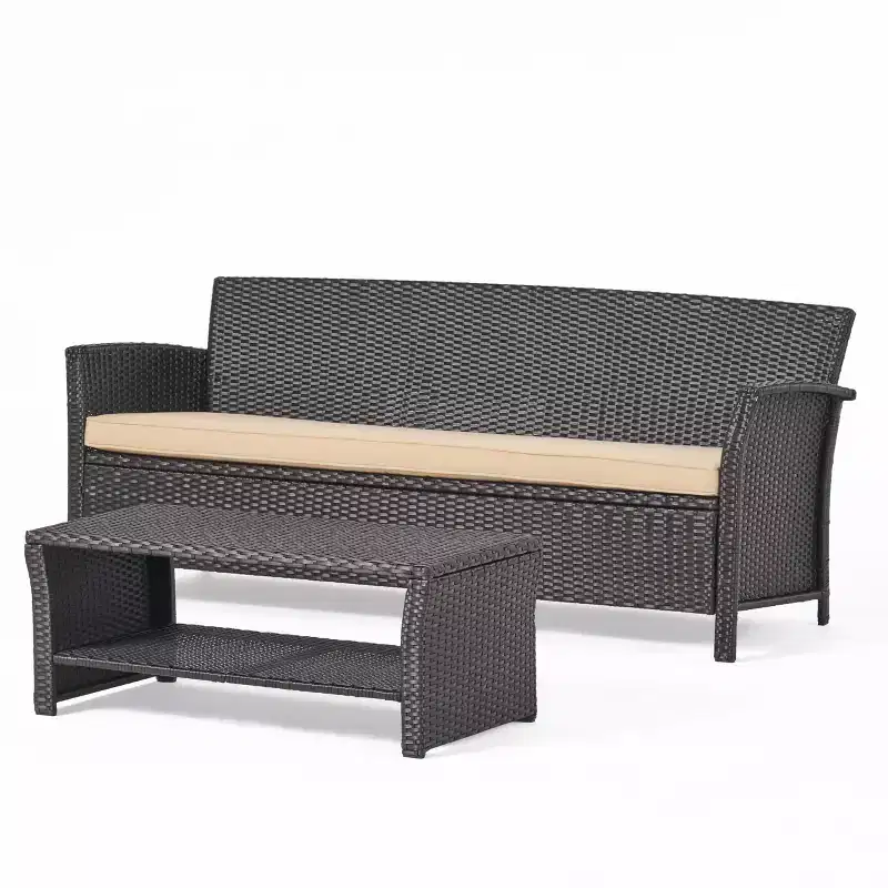 GDFStudio Raina Outdoor Wicker 3 Seater Sofa and Coffee Table with Water-Resistant Cushions