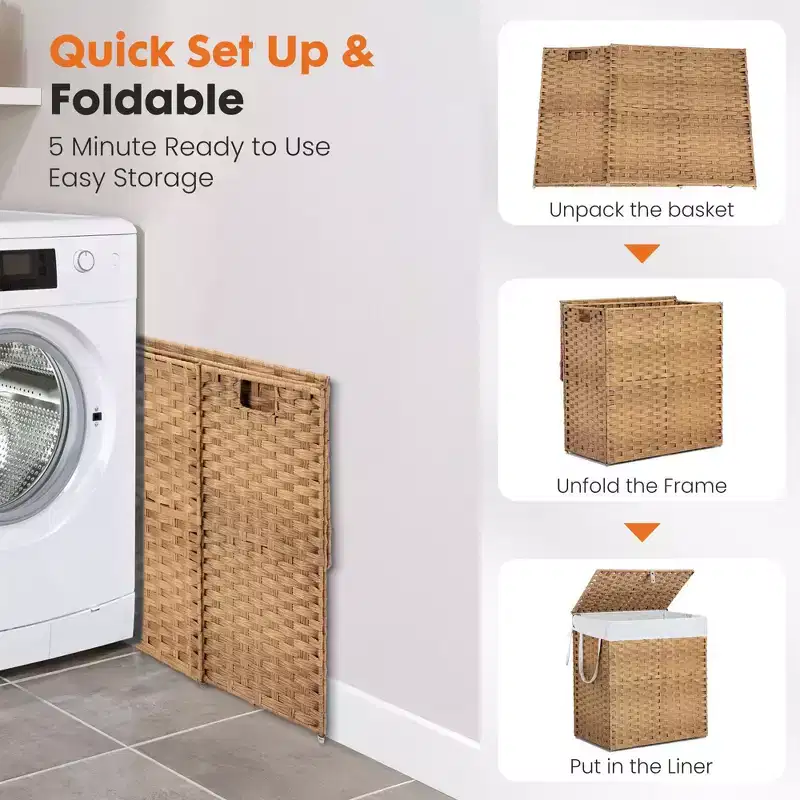 JIONJOY 29 gal. Wicker Hamper w/Lid, Foldable Design, Removable Compartment & Washable Liner