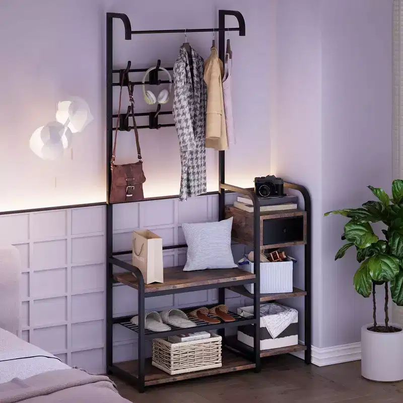 Hall Tree Shoe Bench, 8 Sturdy Hooks, 5-in-1 Industrial Entryway Bench with Storage Drawer, Coat Rack for Apartment, Bedroom, Rustic Brown