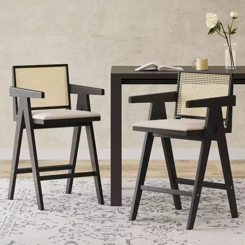 Modern Minimalist Rubberwood and Cane Upholstered Bar Stools