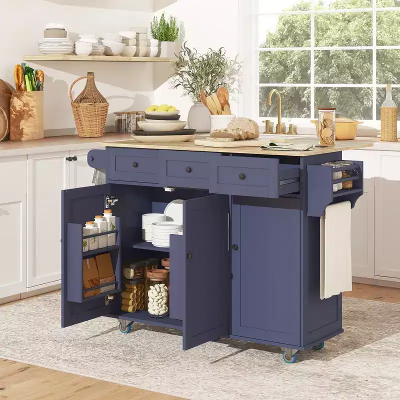 Kitchen Island on Wheels with Drop Leaf, Charging Station, Rolling Kitchen Cart with Wood Top, Adjustable Shelf