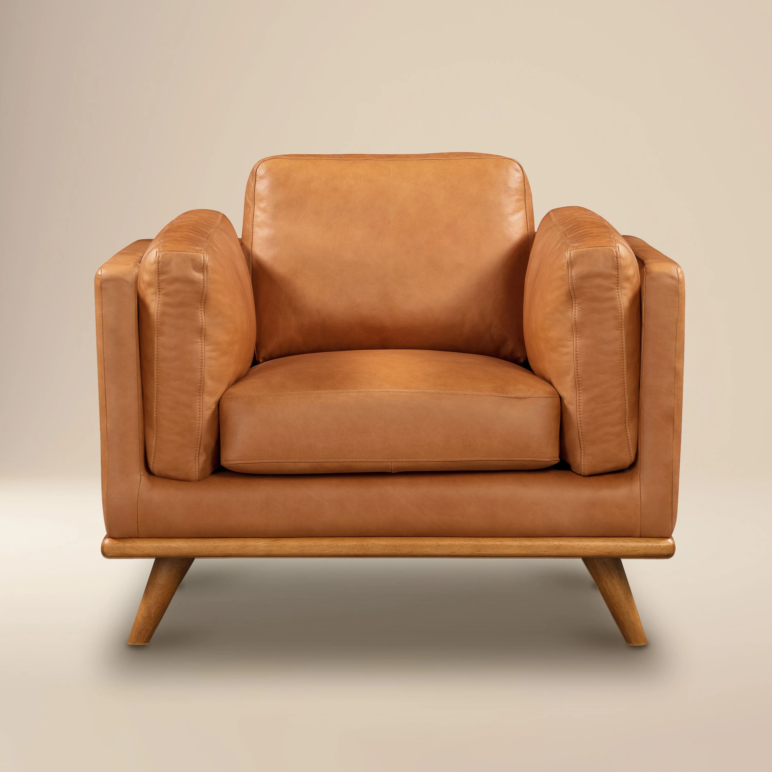 Modern Saddle Tan Leather Lounge Chair with Kiln-Dried Wood Frame