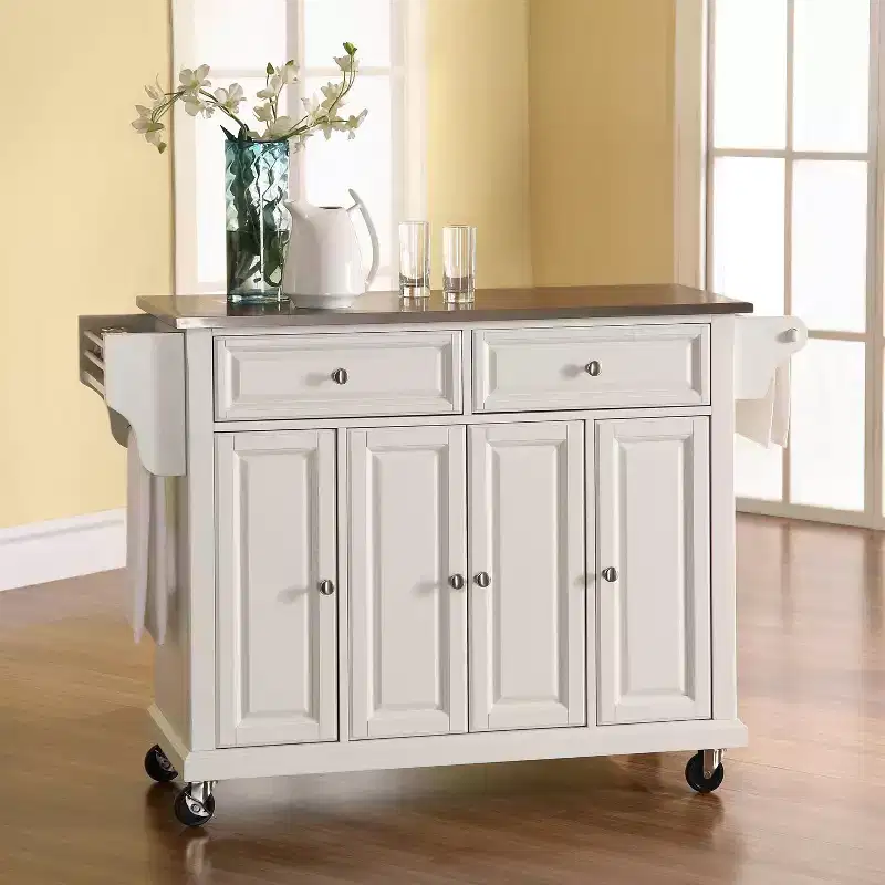 Full Size Stainless Steel Top Kitchen Cart White, Mobile Storage with 3 Cabinets and Spice Rack