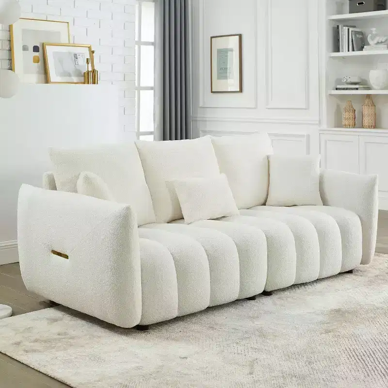 3-seater Upholstered Sofa Couch, Teddy Fabric Sofa with 3 Back Pillows