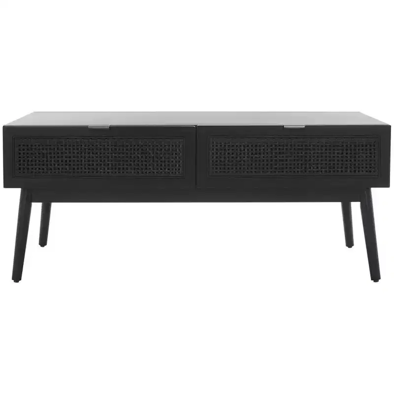 2-Drawer Coffee Table with Rattan Facade & Tapered Legs – Rectangle, Wood Frame, 150 lbs Capacity