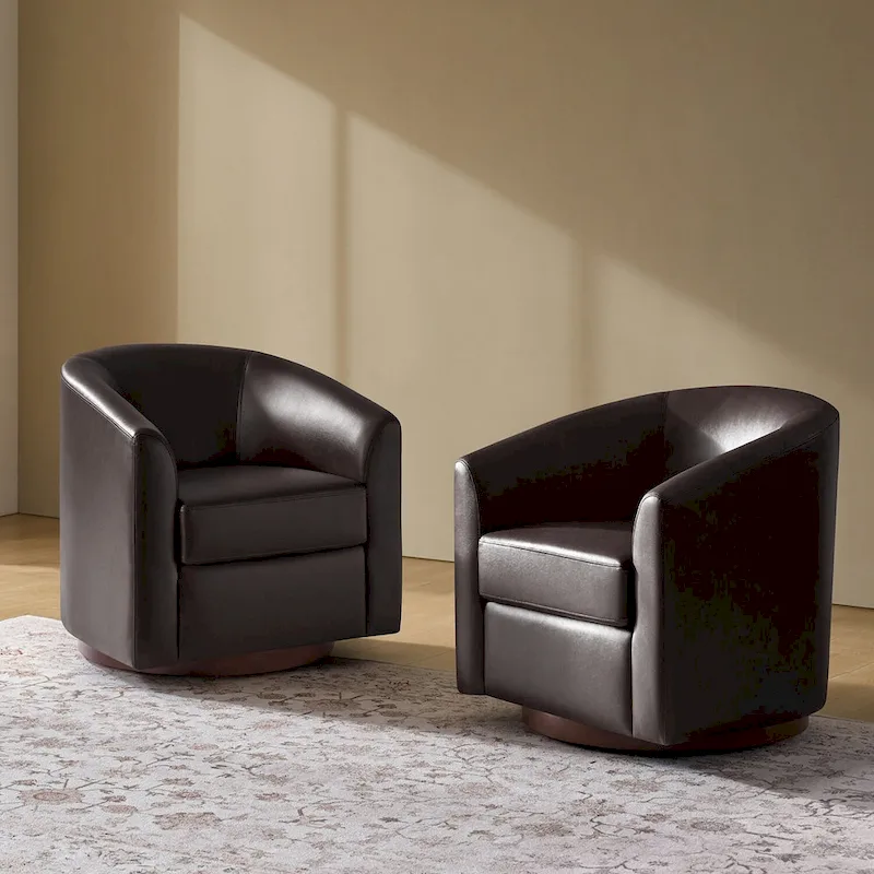 Haley Modern Swivel Barrel Faux Leather Chair with Solid Wood Base Set of 2