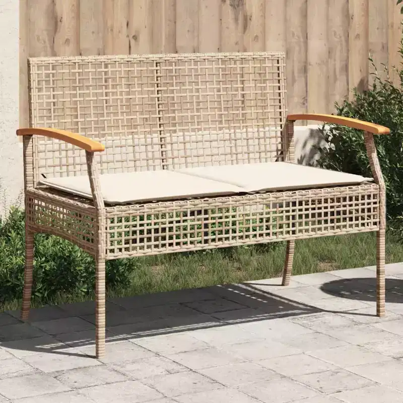 Trendy Outdoor Garden Bench with Cushions in Beige Rattan