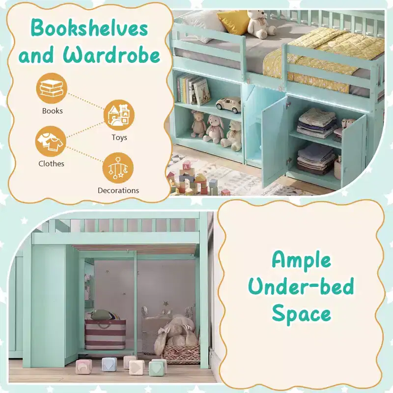 Twin Low Loft Bed with LED Light, Stairs & Guardrails, Modern Pine Wood Kids Bed, White/Mint/Gray