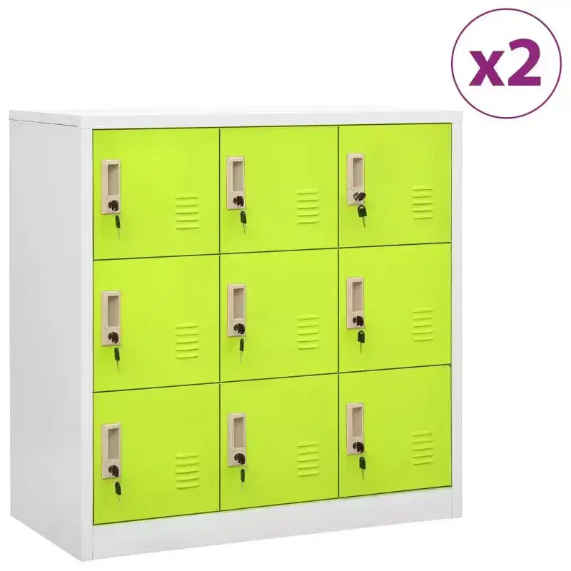 vidaXL Locker Cabinets Set - Industrial Steel Storage Organizers - Gray and Green - 9 Lockers with Locks - 35.4x17.7x36.4