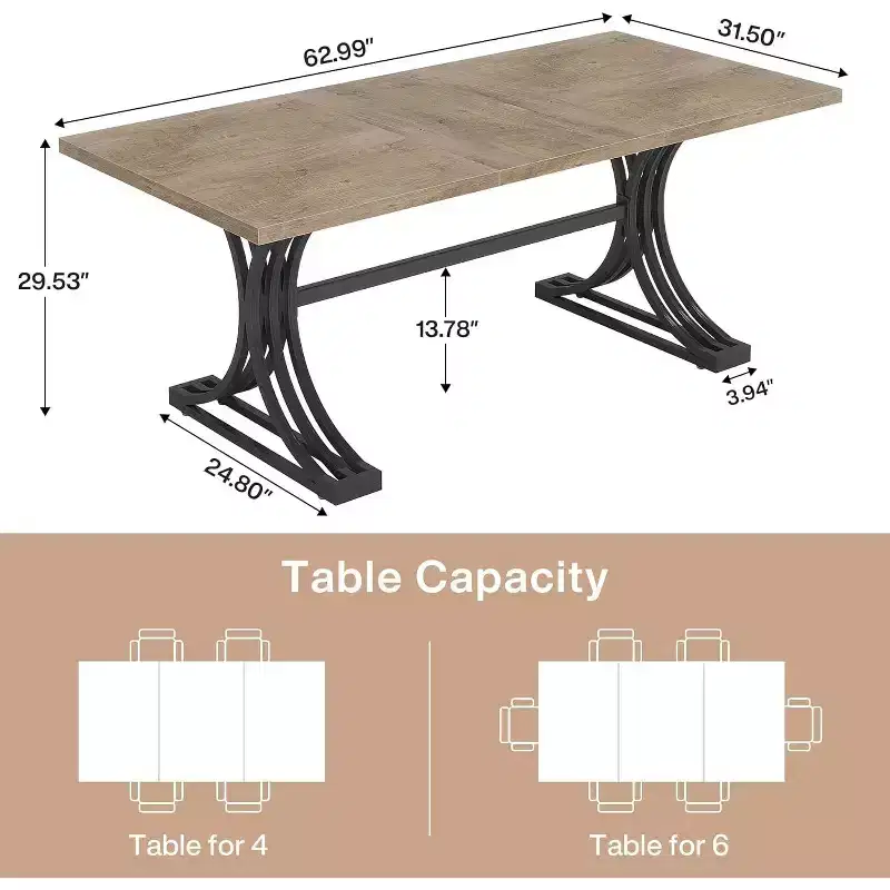 Lantine 63-Inch Rectangular Modern Dining Table with Grey Tabletop and Stylish Black Metal Legs, Seats 4 to 6 (Only Table)