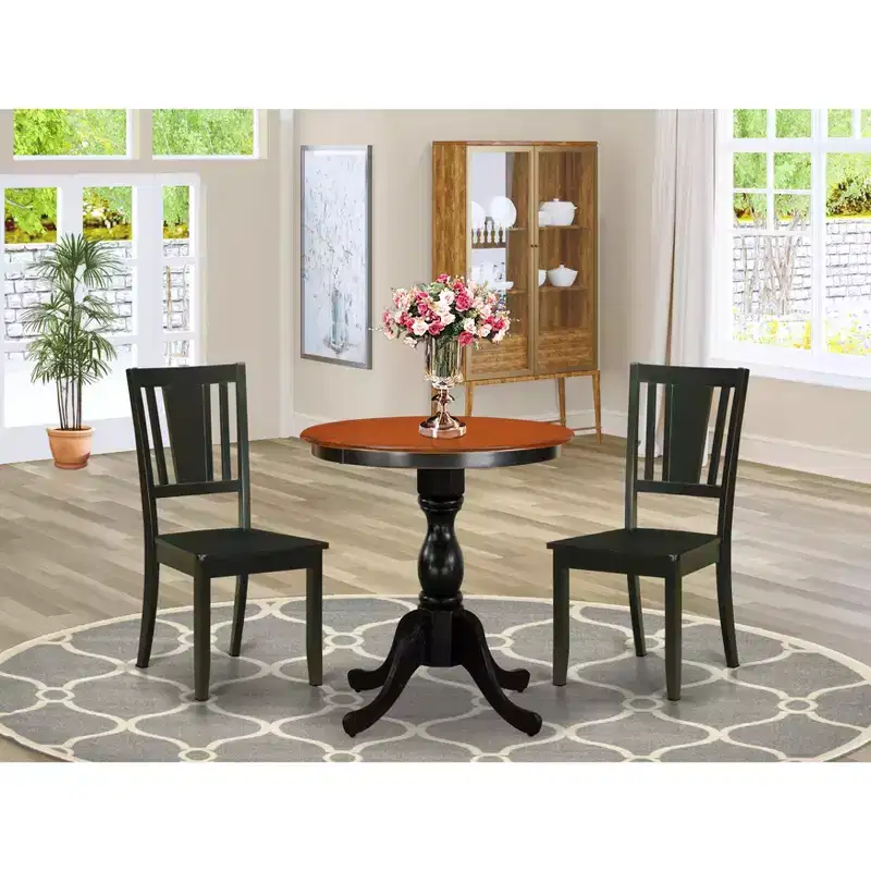 HomeStock Belmont 3-Piece Mid Century Modern Dining Set Include a Wood Table and 2 Dining Chairs with Slatted Back - Black Finish