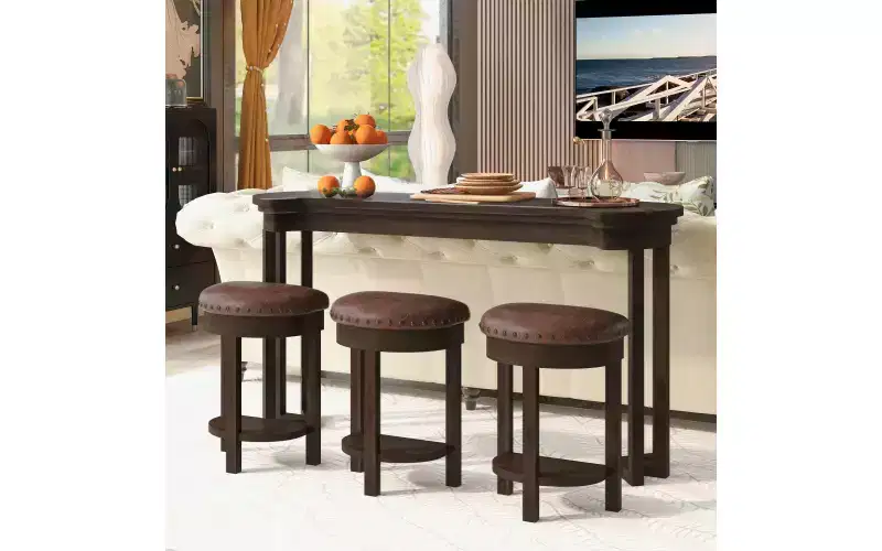 4 Piece Bar Table Set with 3 PU Upholstered Stools, Counter Height Dining Table, Space Saving Breakfast Set for Kitchen, Dining Room, Espresso