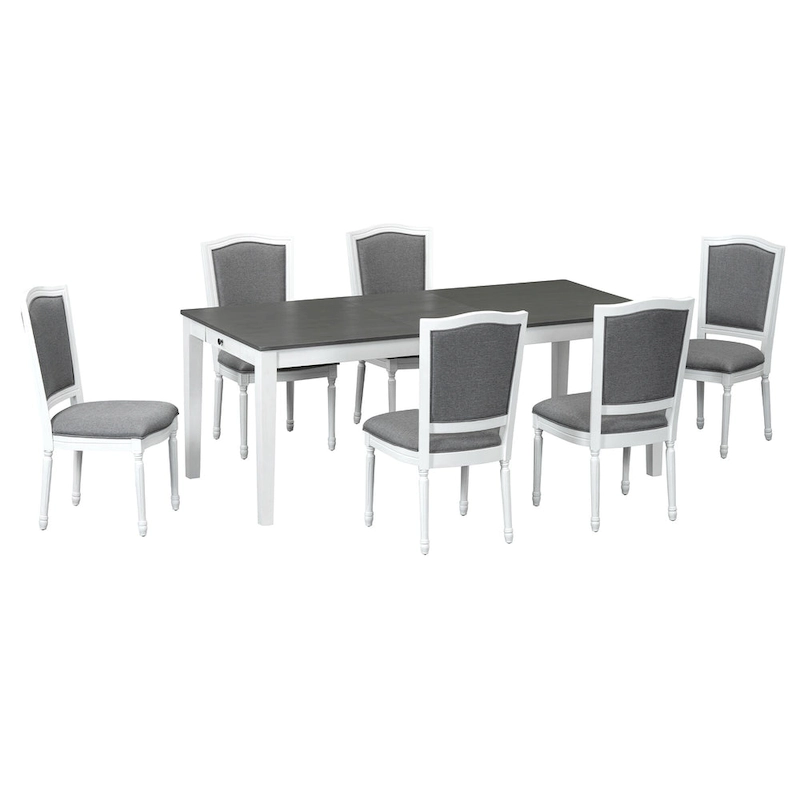 7 Pcs Dining Table Set, Solid Wood Table and Chairs Set with Extendable Dining Table, 2 Drawers and 6 Upholstered Chairs