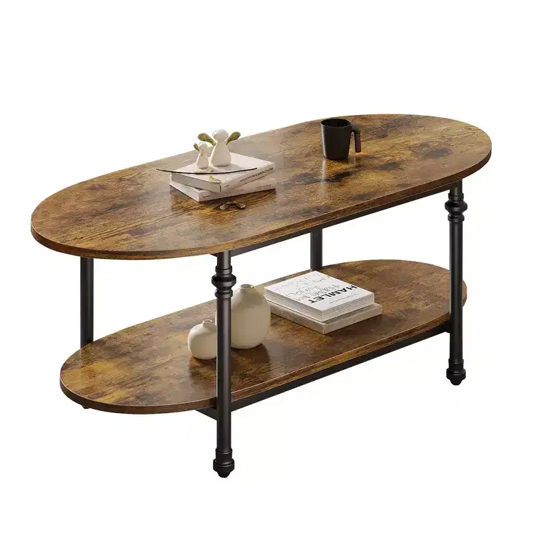 Oval Coffee Table, 2-Tiered Center Table with Open Storage, Modern Industrial Side Table, Wooden Cocktail Table with Metal Frame