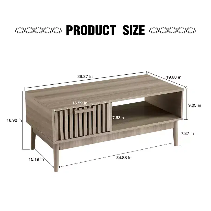 Modern Coffee Table with Storage Drawer & Open Shelf  2-Tier Fluted Rectangular Center Table