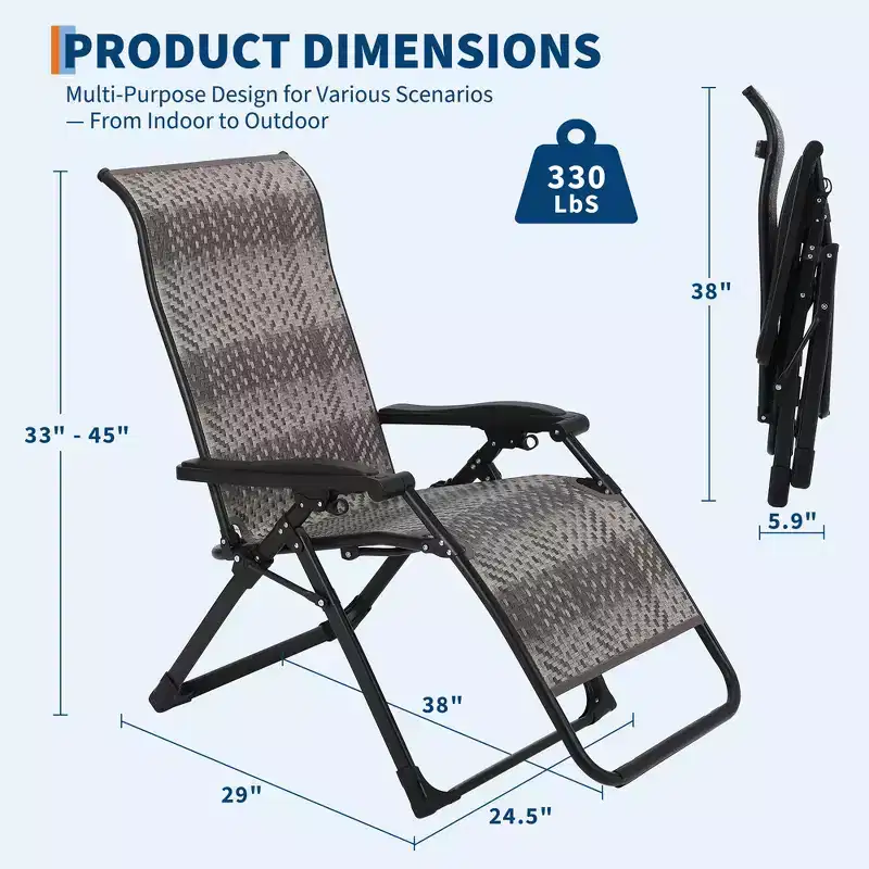 1 PCS Patio Rattan Reclining Folding Chair, Adjustable & Portable Lounge Chair, Iron Pipe Frame