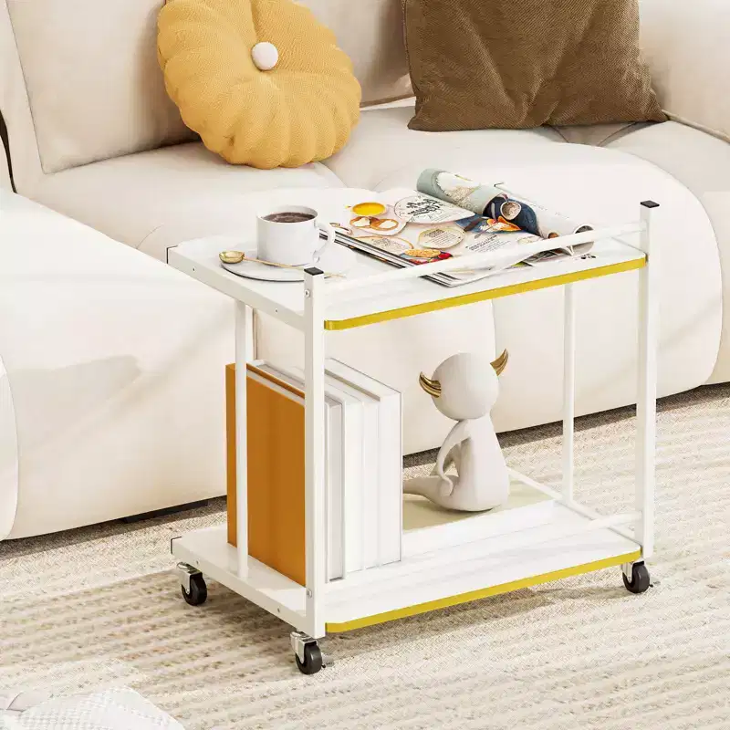Costway 2PCS Mobile Side Table w/Open Shelves Golden Trimmed Edges Lockable Wheels