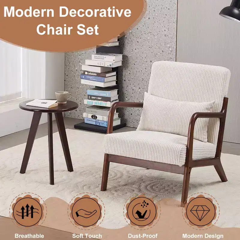 Mid Century Modern Accent Chair - Beige, Rubberwood Frame