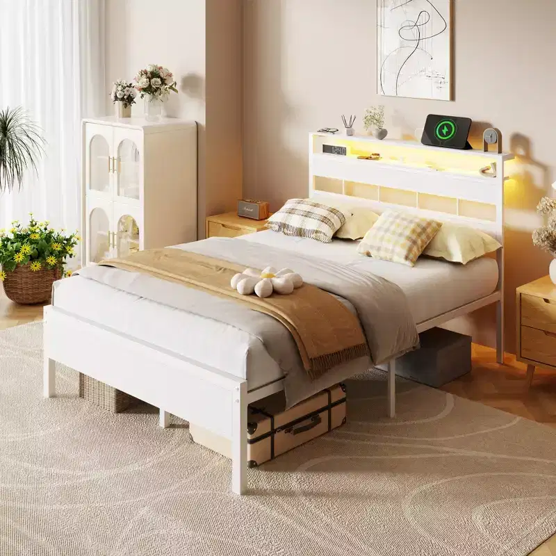 White Full Size Bed Frame With LED Lights Charging Station Storage Headboard Metal Platform No Box Spring Needed Gaming Bedroom Furniture USB Teen