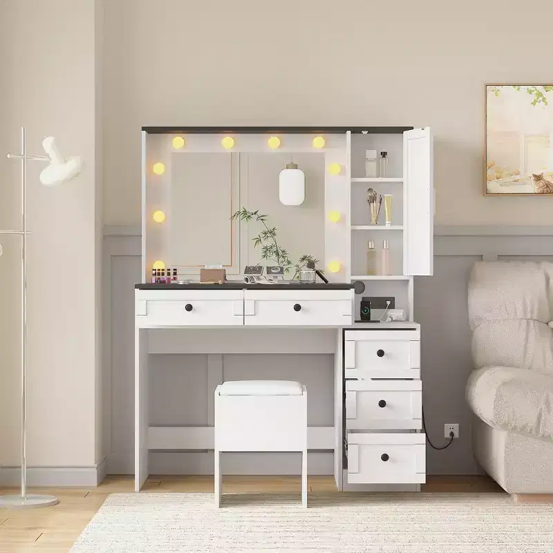 Makeup Vanity, 3 Lighting Modes Vanity Desk with Soft Cushioned Stool, White Dressing Table Set with 5Drawers & Storage Shelves