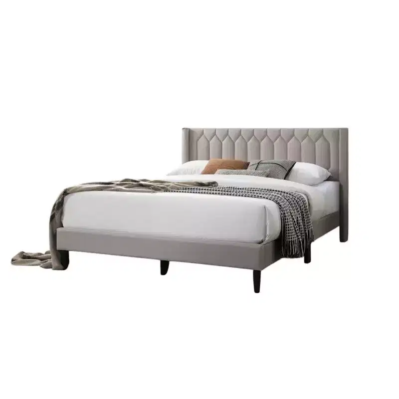 Royal Hampton Queen Size Bed, Geometric Stitched Light Brown Burlap Upholstery