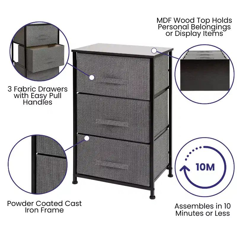 3-Drawer Vertical Storage Dresser – Wood Top, Fabric Pull Drawers, Metal Frame