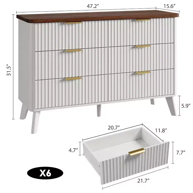 White 6-Drawer Dresser, 47.2 Wide Curved Fluted Design with Gold Handles, Thickened Modern Chest for Bedroom & Living Room.