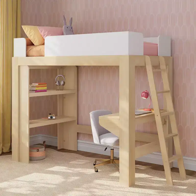 Mid-Century Modern Twin Loft Bed with Desk and Bookshelf