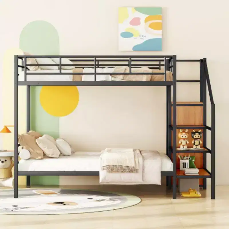 Full Over Full Metal Bunk Bed with Lateral Storage Ladder and Wardrobe — Black