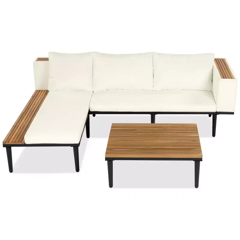 4-Piece L-Shaped Patio Sectional Sofa Set, Acacia Wood Outdoor Furniture with Cushions, Coffee Table for Garden, Porch, Backyard-Panipeachy