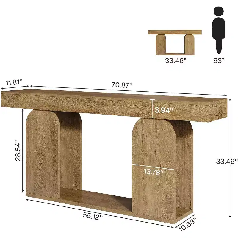 Lantine 70.9-Inch Farmhouse Console Sofa Table with Wood Frame and 2-Tier Storage Shelf, Light Brown, Ideal for Living Room, Hallway, Foyer.