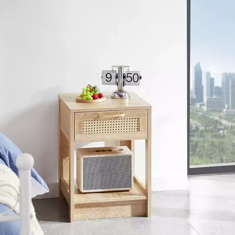 Rattan Nightstand with Lift-Top & Open Storage - Mid Century Modern End Table