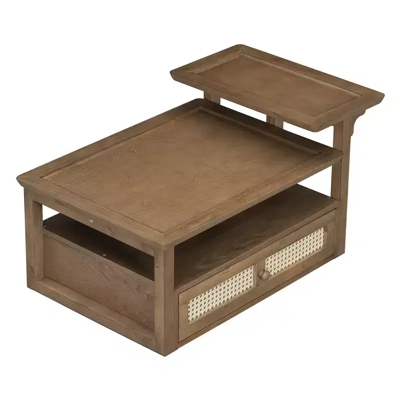 Zeus & Ruta Modern Coffee Table with Storage Shelf, Double-layer Tabletops & Rattan Drawer for Living Room