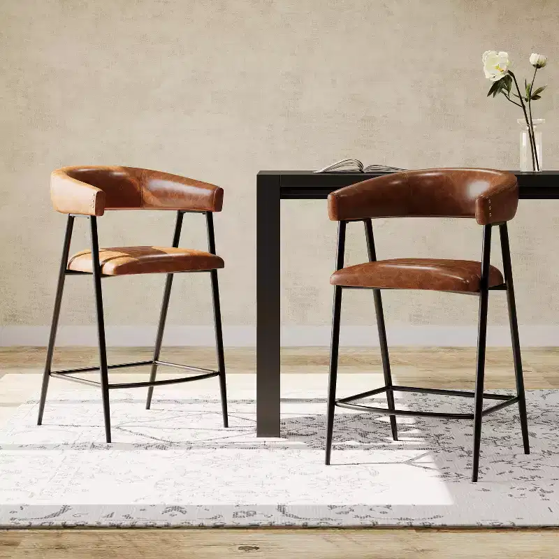 Christopher Knight Home Sara Upholstered 26 Faux Leather Iron Frame Counter Stool with Footrest, Brown