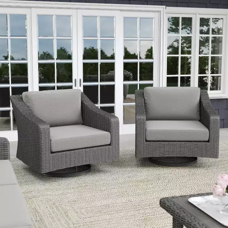 Martha Stewart Bedford Set of 2 Indoor-Outdoor Patio Chairs in Rattan Wicker with 360 Swivel and All-Weather Cushions