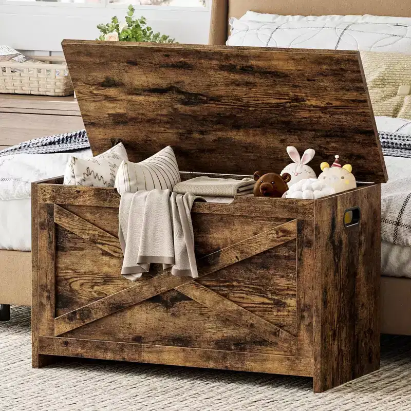 30 Inch Wooden Storage Bench with Safety Hinge, Large Shoe Storage Chest, Easy Assembly, Versatile Entryway, Living Room and Bedroom