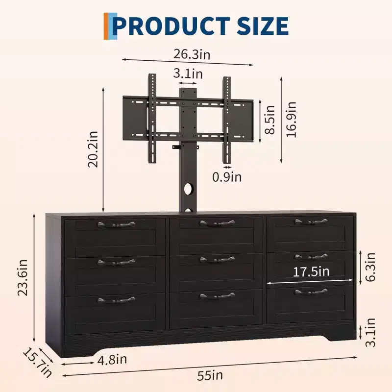 9-Drawer Dresser TV Stand with Adjustable Mount for 32