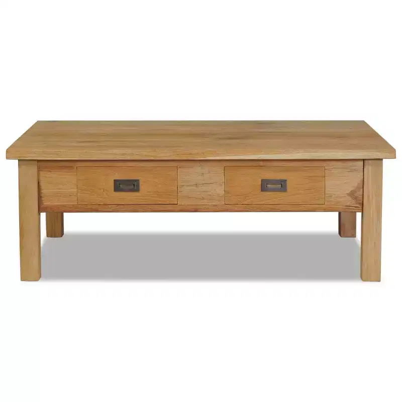 Solid Teak Coffee Table with Two Drawers - Rustic Brown Farmhouse Style Table for Living Room and Lounge, Easy Assembly