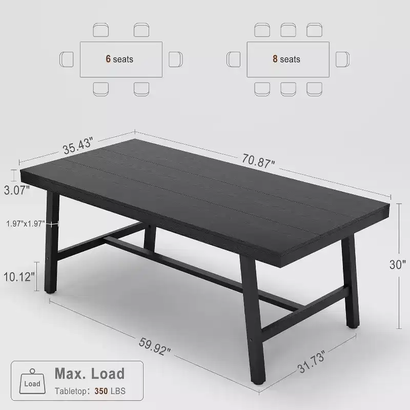 Industrial Style Dining Table for 6-8, 70.87 Long Wooden Kitchen Table with Durable Metal Frame, Black Finish, For Dining Room or Kitchen