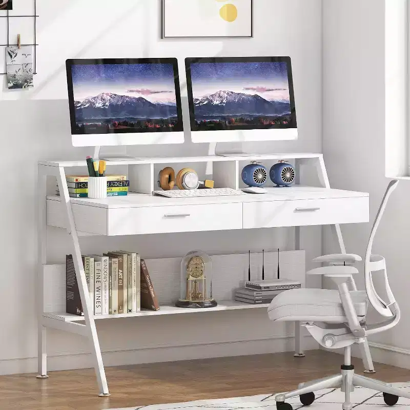Lantine Modern 47 Computer Desk with Storage Shelf & Drawers, Office Writing Desk Study Table with Monitor Stand Riser for Home Office