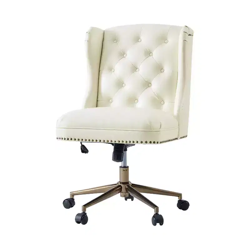 Hazel Traditional Faux Leather Wingback Office Chair — Tufted, Bronze Nailhead, Camel