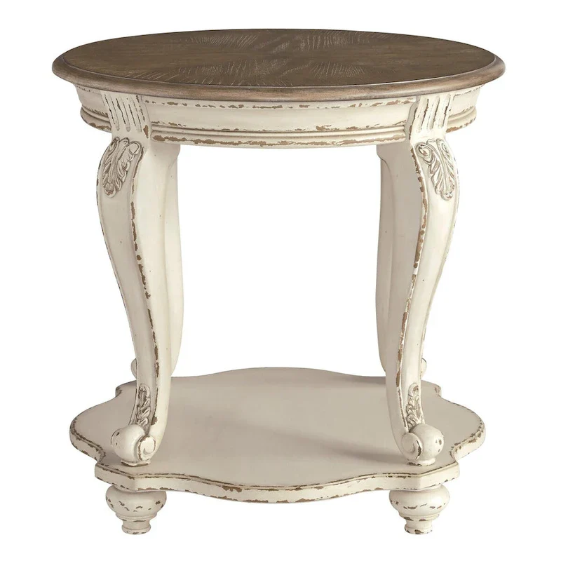 Round Wooden End Table with Open Bottom Shelf, Brown and Antique White