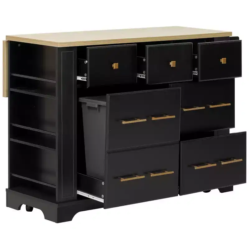 Kitchen Island with 6 Drawers, Pull-Out Trash, 5 Rolling Wheels, Drop Leaf & Racks