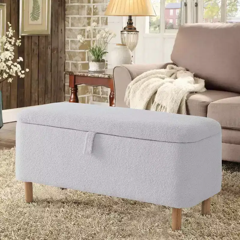 Pull-Open Top Boucle Storage Ottoman Bench, Upholstered, Hydraulic Hinge, Bedroom & Entrance